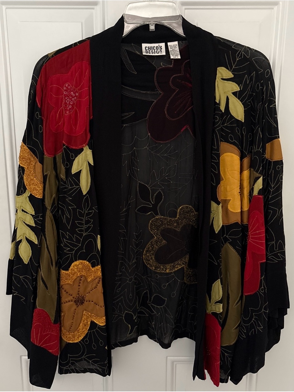 Chico's VTG Black Floral Open-Front Kimono Sweater - Red, Gold, Olive 100% Silk